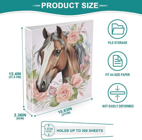 SPRIPORT Horse Florals 1.5 Inch 3 Ring Binder Holds 200 Sheets, Durable PVC Round Ring Binder with Interior Clear