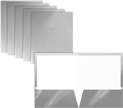 Better Office Products 2 Pocket Glossy Laminated Metallic Silver Paper Folders, Letter Size, 25 Pack