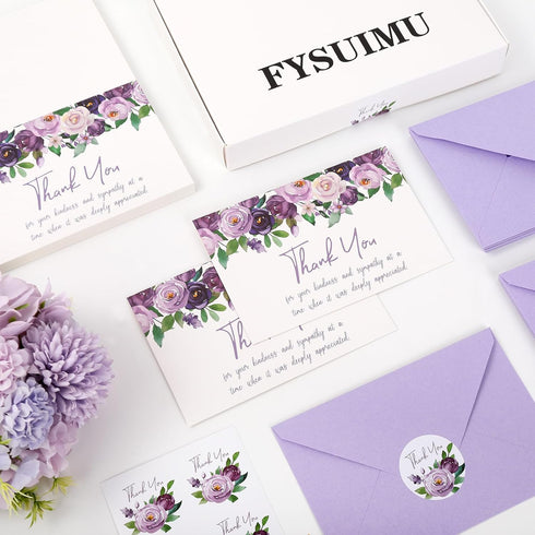 50 FYSUIMU Pcs Funeral Thank You Cards Bulk Boxed Floral Sympathy Blank Note Cards with Sticker Envelope Purple Flower
