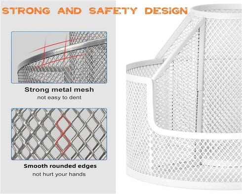 Rotating Metal Desk Organizer - Mesh Pen Holder for Office, School & Home, Cute Art Supplies (White)