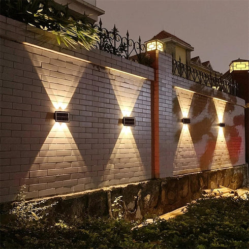 2 Pack, 4 ASLIDECOR Solar Wall Lights Up Down Led Solar Sconce,Waterproof Deck Fence Lighting for House Outdoor Decor