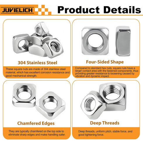 Juvielich 200pcs M3-0.5 M3 M3x0.5mm 304 3D Square Nuts, Stainless Steel Square Nut, SS Tiny Nuts, Metric Coarse Thread