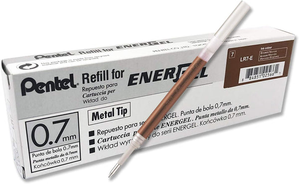 Pentel Refill Ink for EnerGel RTX Retractable Gel Pen, 12 Pack, 0.7mm Medium Point, Brown (LR7-E)