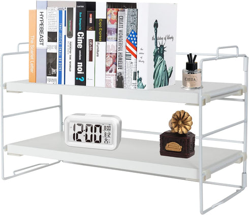 PowerKing 2-Tier Desk Shelf Organizer, Adjustable Bookshelf Storage Rack for Home Office, White Frame + White Wood