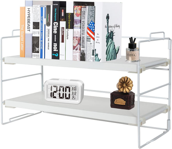 PowerKing 2-Tier Desk Shelf Organizer, Adjustable Bookshelf Storage Rack for Home Office, White Frame + White Wood