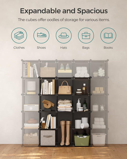 SONGMICS Cube Storage Organizer, Set of 16 Plastic Cubes, Gray, 12.2 x 48.4 x 48.4 Inches, Book Shelf, Closet Organizers