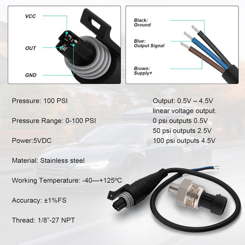100 PSI Pressure Transducer Sender Sensor, 1/8" -27 NPT 316 Stainless Steel Thread for Oil Fuel Air Water