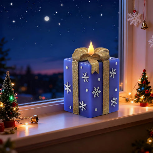 LCZLUMIPRO Christmas Flameless Gift Box Candle Hand-Painted Real Wax LED Candle with Remote Timer Battery Operated Blue