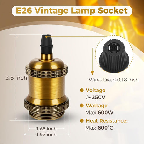 E26 600 4 Packs DiCUNO Vintage Lamp Socket, Edison Pendant Light Socket Replacement, Antique Retro Hanging Lamp Holder
