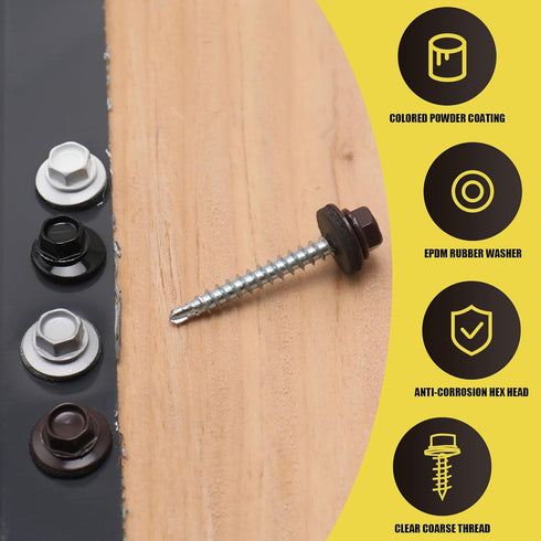 250pcs #10 x 1-1/2" White Hex Head Self-Drilling Metal Roofing Screws, EPDM Washer, Colored Head, Sheet Metal Roof