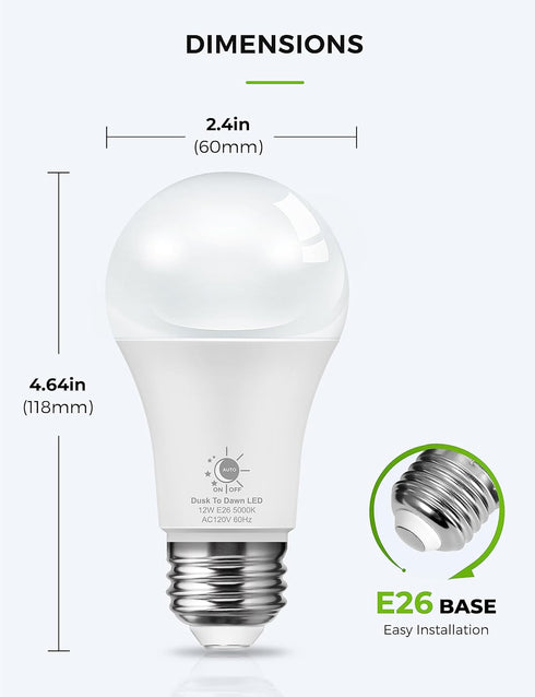 LOHAS Dusk to Dawn Sensor Light Bulbs, A19 12W (100 Watt Equivalent), LED Bright Porch Lighting, Daylight White 5000K,