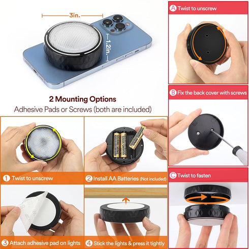 TECOMLIGHT Closet Counter 6 Pack LED Puck Lights with Remote Control, Battery Operated Wireless Light, Under Cabinet