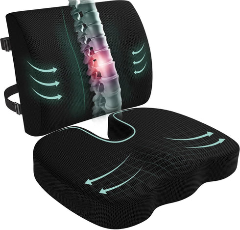 Seat Cushion and Lumbar Support Pillow for Office Chair, Wheelchair, Memory Foam
