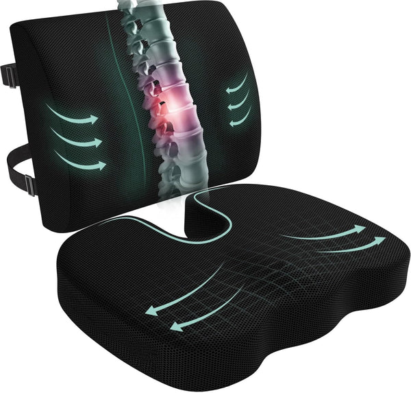 Seat Cushion and Lumbar Support Pillow for Office Chair, Wheelchair, Memory Foam