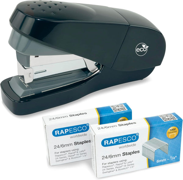 Rapesco 1688 ECO Flat Clinch Stapler, Less Effort, 2000 Type 24 High Capacity Staples, 35 Sheet Capacity, Black