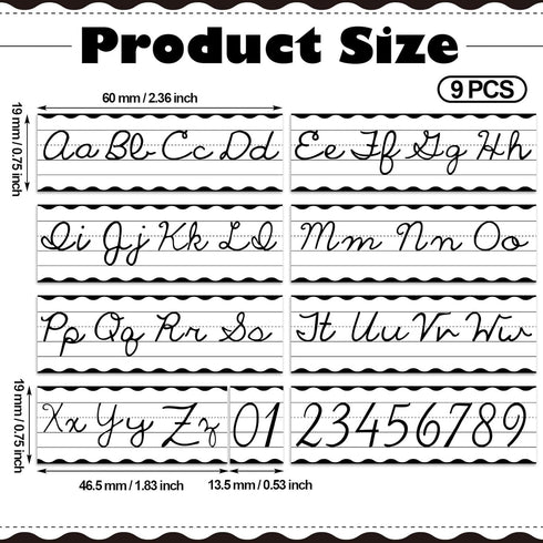 Set of 9 Cursive Writing Bulletin Board Cursive Alphabet Wall Strip for Teacher Supplies, Classroom Teaching Tool, Homeschooling, Kids Education (Classic Black) by Humyoun