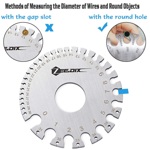 ZeeDix Standard Dual-Sided Round Wire Cable Sheet Gage - Stainless Steel Metal Wire Measurement Tool