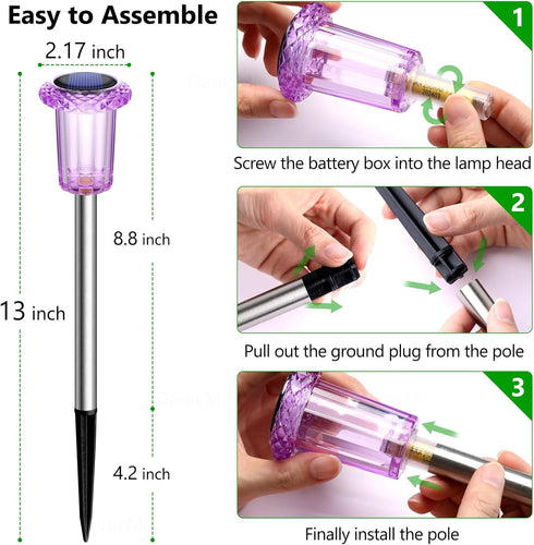 DenicMic 10 Pack Solar Lights Outdoor Waterproof Purple LED Stainless Steel Stake Outside Lights for Yard Pathway