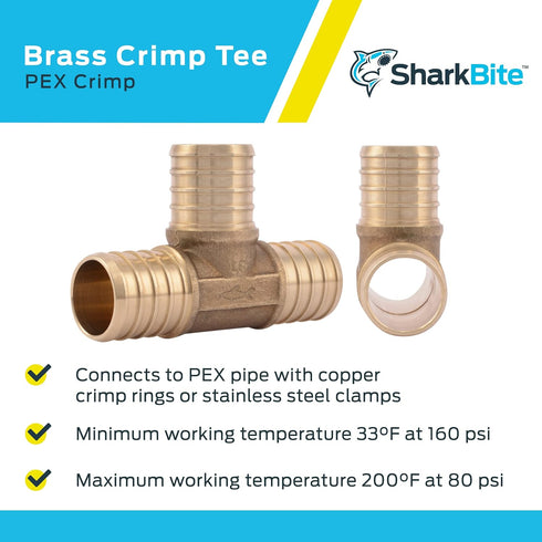 SharkBite 1 Inch Crimp Tee, Brass Plumbing Fitting for PEX Pipe