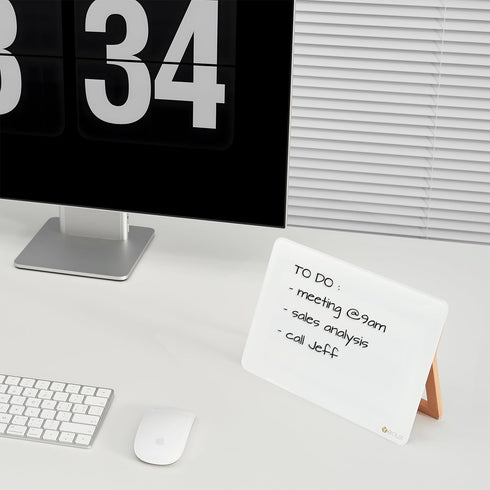 Glass Desk Whiteboard with Reversible Wood Stand, Small Portable Desktop Dry Erase White Board, Reusable Desk Notepad