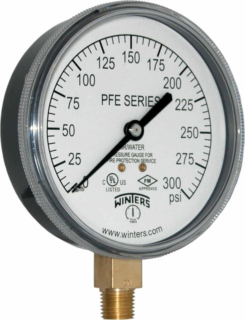 Winters PFE Series Single Scale Sprinkler Pressure Gauge, 3-1/2" Dial, 0-300 psi Range