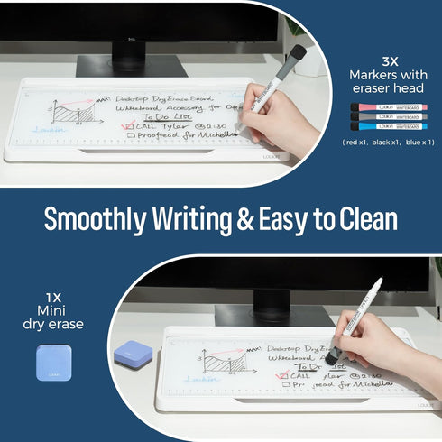 LOUKIN Glass Desktop Whiteboard, 15.3" x 5.6" with Dotted Surface, Includes 3 Markers and 1 Eraser