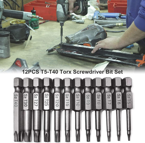 12PCS T5-T40 Torx Screwdriver Bit Set, S2 Steel Magnetic Tamper Proof Star Security Bits, 1/4 Inch Hex Shank