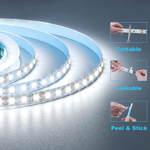 12V 6000K 5M/16.4ft 600LEDs SMD2835 IP20 LED Strip Light Cool White Flexible High Brightness No-Waterproof LED Tape