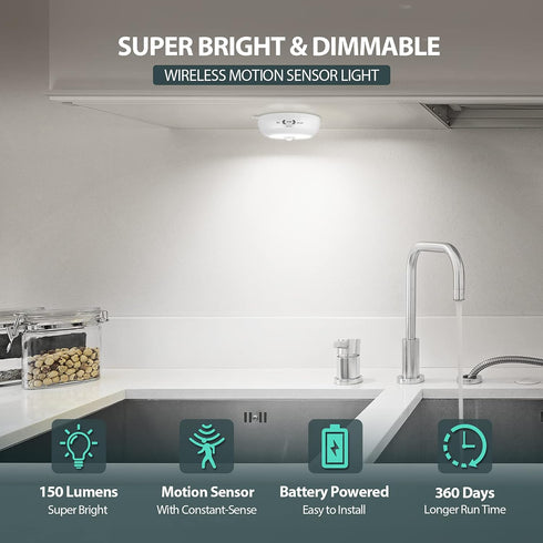 Closet Dimmable (3 Pack) BLS Motion Sensor Light Indoor, LED Night Light Lights, Under Cabinet Battery Powered Ceiling