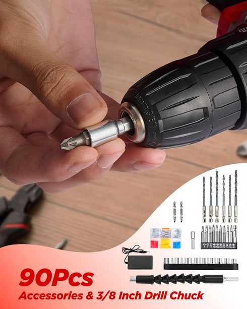 KELNOW 21V 2.0Ah Pack Set, 3/8" 25+1 90 Cordless Drill, Power Drill with Dual Power and Charger, Power Electric Battery