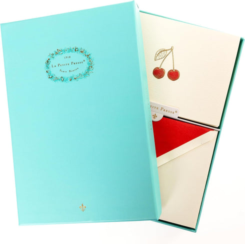 Set, 10 11 5.25" 3.8" Graphique Cherries Designer Cards Luxe Collection, Gold Foil Embossed Stationery Boxed Blank