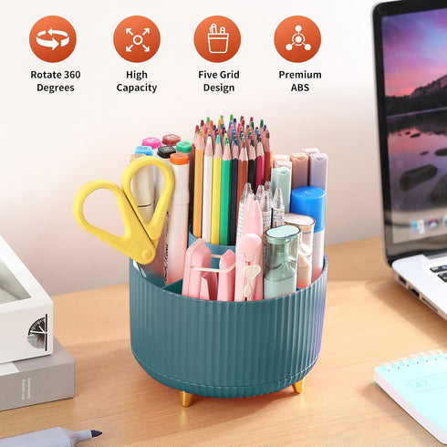Desk Pencil Pen Holder, 5 Slots 360° Degree Rotating Organizer for Desk, Cute Pencil Cup for Office, Dark Green