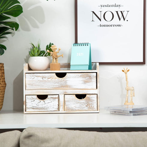 ZHWS Rustic Distressed White 3-Tier Wood Desk Organizer, Mini Desk Storage Shelf with 3 Drawers for Office Supplies