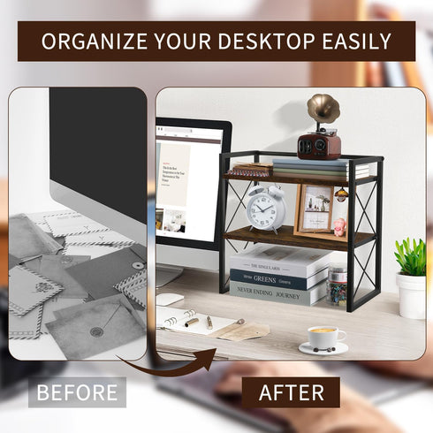YINMIT Desktop Shelf Organizer - 2 Tier Wood Desk Storage Rack and Freestanding Display Shelf for Office, Home,