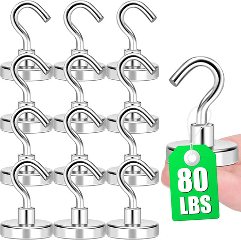 MIKEDE 12 Pack Heavy Duty Magnetic Hooks, 80lbs Strong Magnets for Cruise Cabins and Refrigerators