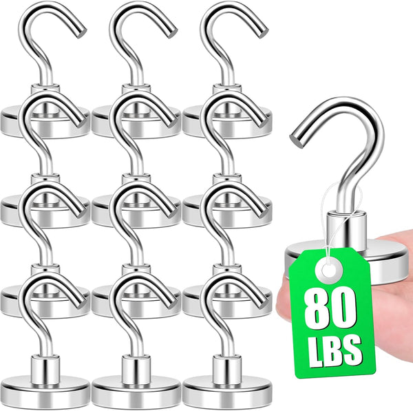 MIKEDE 12 Pack Heavy Duty Magnetic Hooks, 80lbs Strong Magnets for Cruise Cabins and Refrigerators