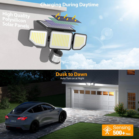 4500LM 3 IP65 3 1 Pack Onforu Solar Lights Outdoor, Heads Security Lights with Remote Control, Waterproof Motion Sensor