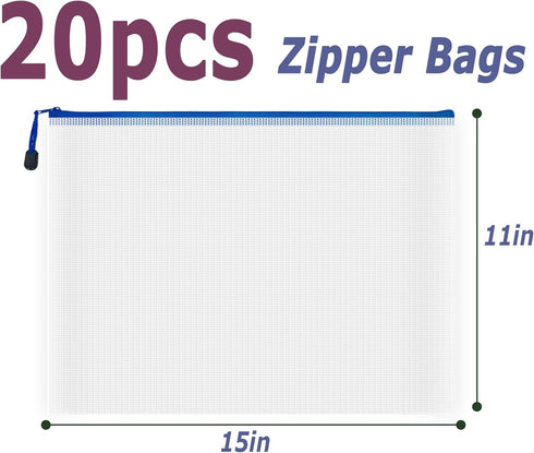 AUSTARK 20 Pcs Waterproof Zipper File Bags, Plastic Mesh Pouch, Board Game Storage Bag for Office School (B4 Size