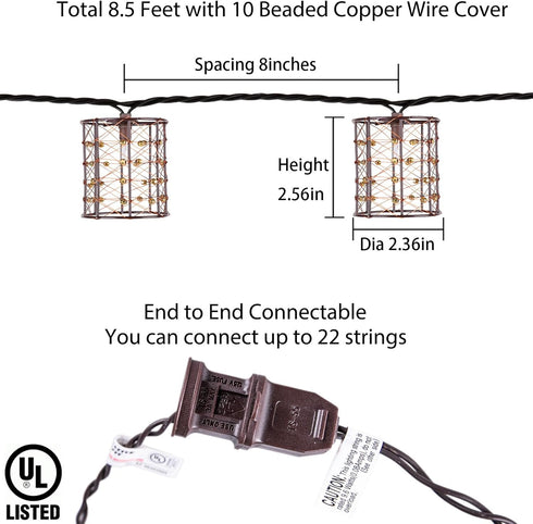 TWINKVILLA 10 Bulbs, Outdoor Patio String Lights Plug in with Incandescent Handwoven Beaded Copper Wire Style