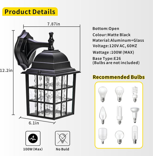 Outdoor Wall Light Fixtures Waterproof Exterior Sconce Lights Anti-Rust Exterior Lighting Fixtures Black Outdoor Wall