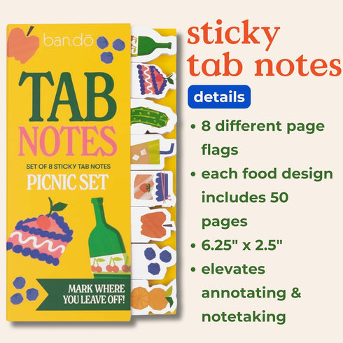 ban.do Food Theme Sticky Tab Notes, Novelty Page Flags for Annotating, Picnic Set