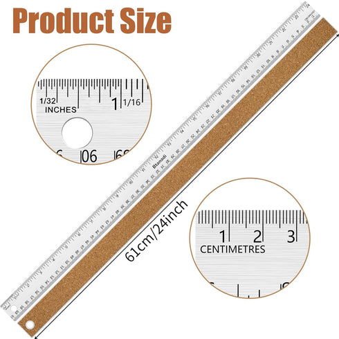 Metal Ruler 24 Inch Stainless Steel Ruler Non Slip Straight Edge Ruler, Metal Ruler with Cork Backing, Long Ruler Imperial and Metric for Student School Office Woodworking Drafting Tools