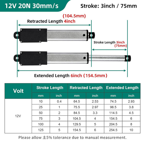 Stroke 75mm 20N Mini Linear Actuator, 12V Electric Motion Actuator, 4.5lbs Force for Robotics and Home Automation