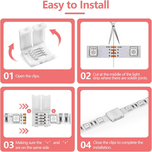 30Pcs 4-Pin 10mm 5050 LED Strip Connectors, RGB Solderless Connectors Adapter,Wide Unwired LED Light Connectors, Easily