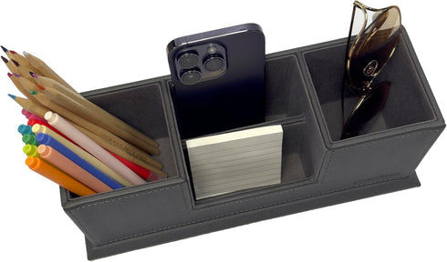 UnionBasic Leather Desk Organizer, Multi-compartment Pen Holder, Gray