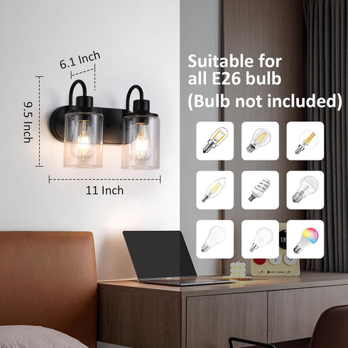 Litaddscen Mirror,2-Light Matte Black Bathroom Light Fixtures Over Bathroom Vanity Light with Clear Glass Shade,Modern