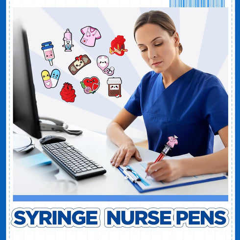 Estune 100 Set 50 50 Pcs Cute Nurse Pens Bulk Include DIY Nursing Silicone Accessories Retractable Black Ink Syringe