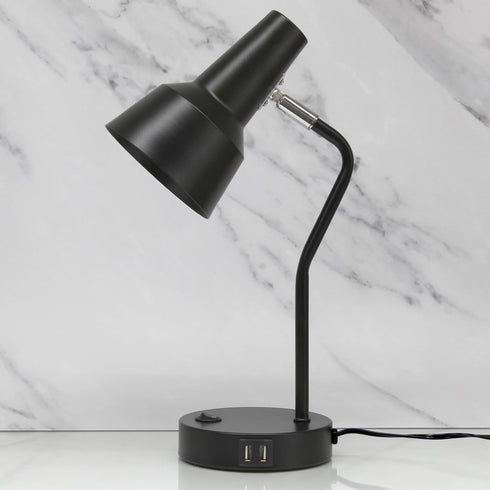LD1072-BLK 15.2" Simple Designs Sleek Essentials Metal Cone Shade Desk Lamp with Adjustable Shade and Dual USB Ports