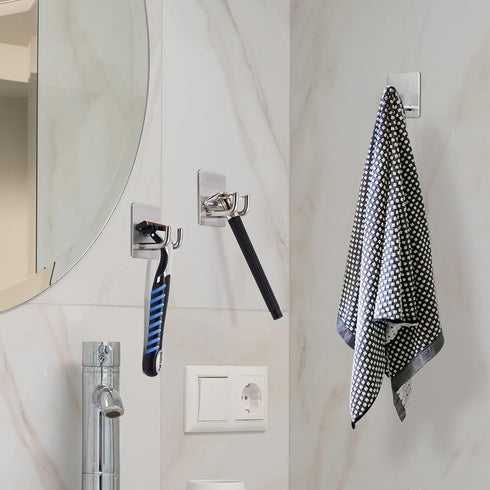 4 Pack Yikla Adhesive Hooks, Razor Holder for Shower, Stick Bathroom Wall Towel Hooks, Stainless Steel Door Hangers