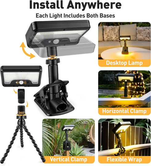 OrbitShell 2 Pack 3 IP65 Clip On Solar Lights Outdoor with Octopus Tripod, Color Temps & Remote Control, Motion Sensor